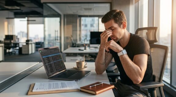 Мужчина трет уставшие глаза после работы за компьютером. Причины боли и усталости глаз от экрана.